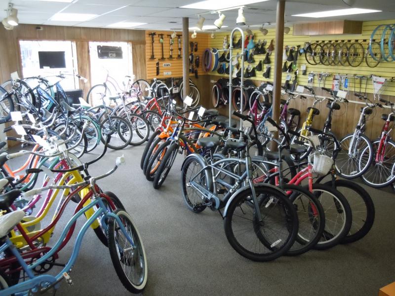main floor at Prom Bike Shop; cruisers; comfort bikes; accessories